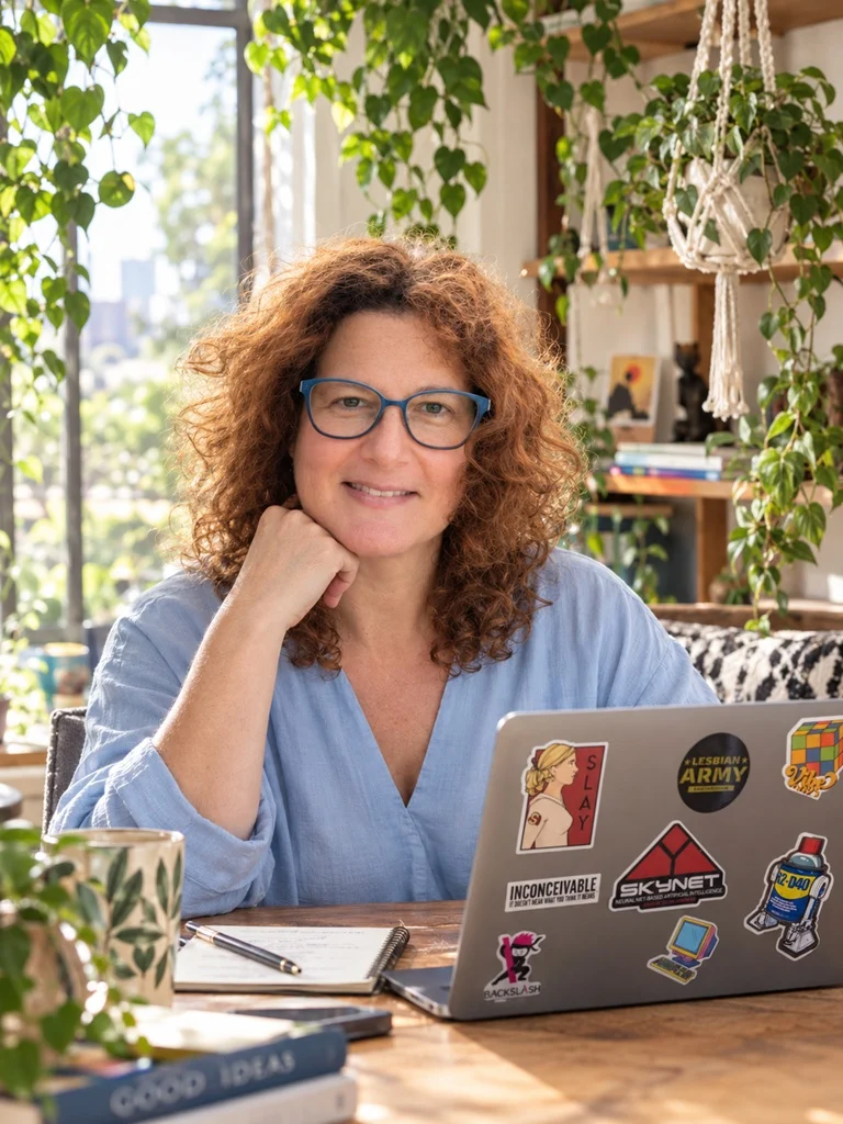 ליאור ברמן ליד המחשב הנייד, מורה פרטית ל-AI לבעלות עסקים