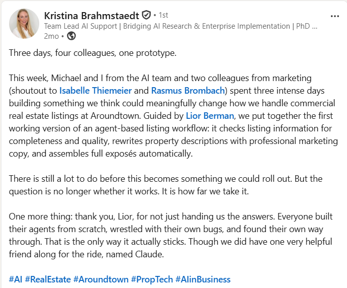 פוסט לינקדאין של Kristina Brahmstaedt מ־Aroundtown על שלושה ימי בנייה עם ליאור ברמן שהסתיימו באבטיפוס עובד